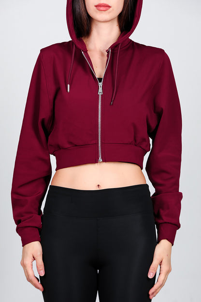 Kadın Kapşonlu Crop Sweat Bordo