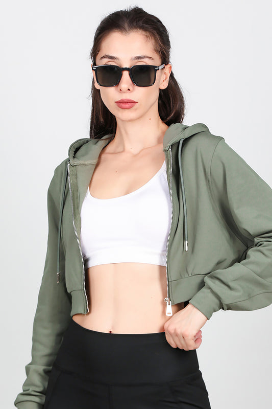 Kadın Kapşonlu Crop Sweat Haki