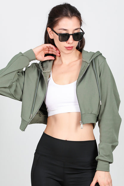 Kadın Kapşonlu Crop Sweat Haki