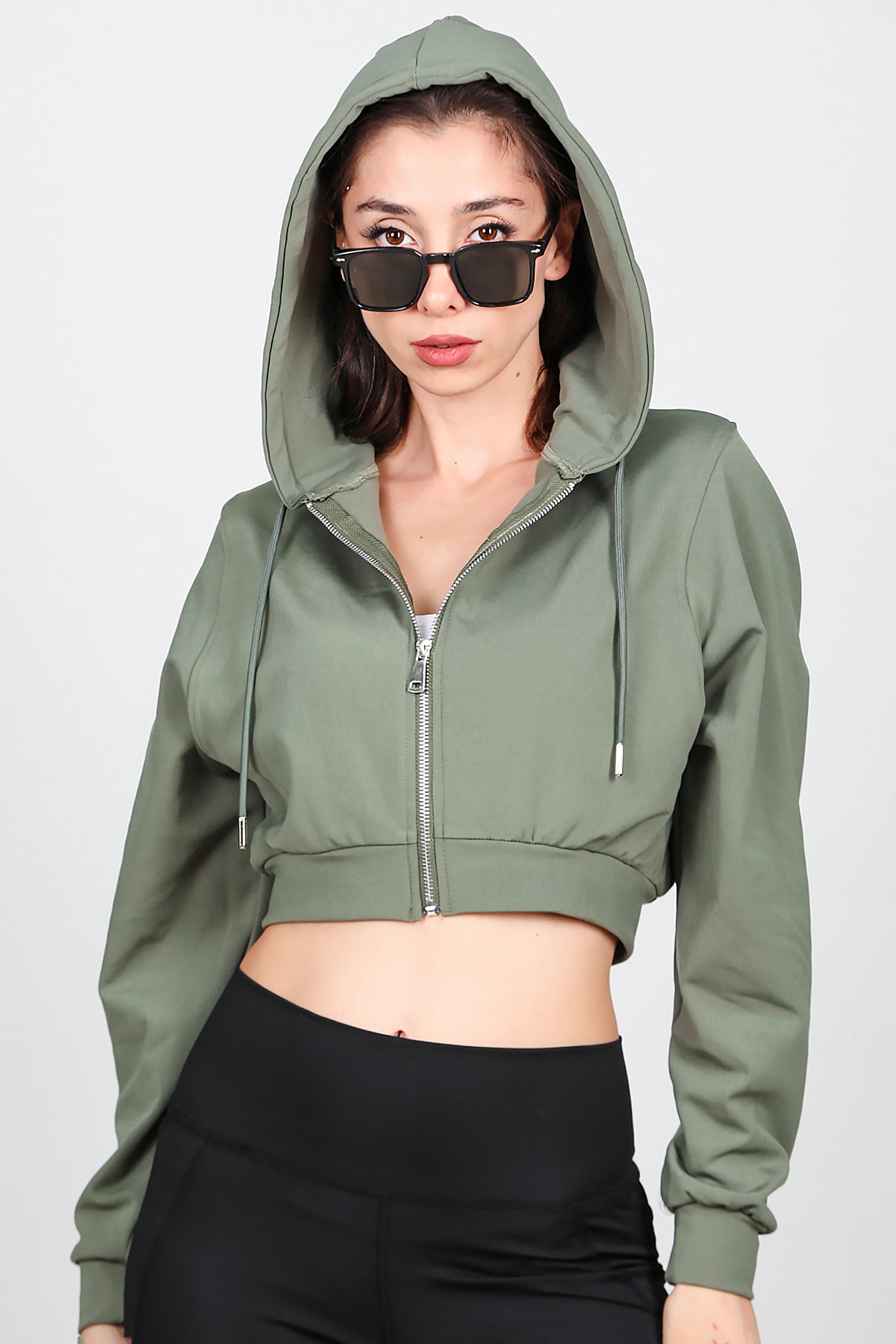 Kadın Kapşonlu Crop Sweat Haki
