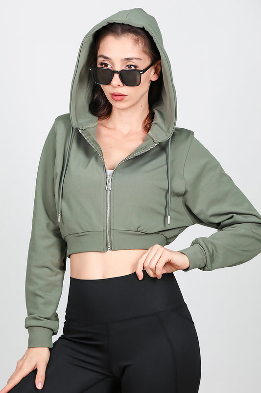 Kadın Kapşonlu Crop Sweat Haki