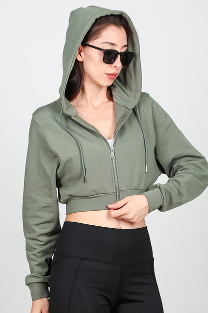 Kadın Kapşonlu Crop Sweat Haki
