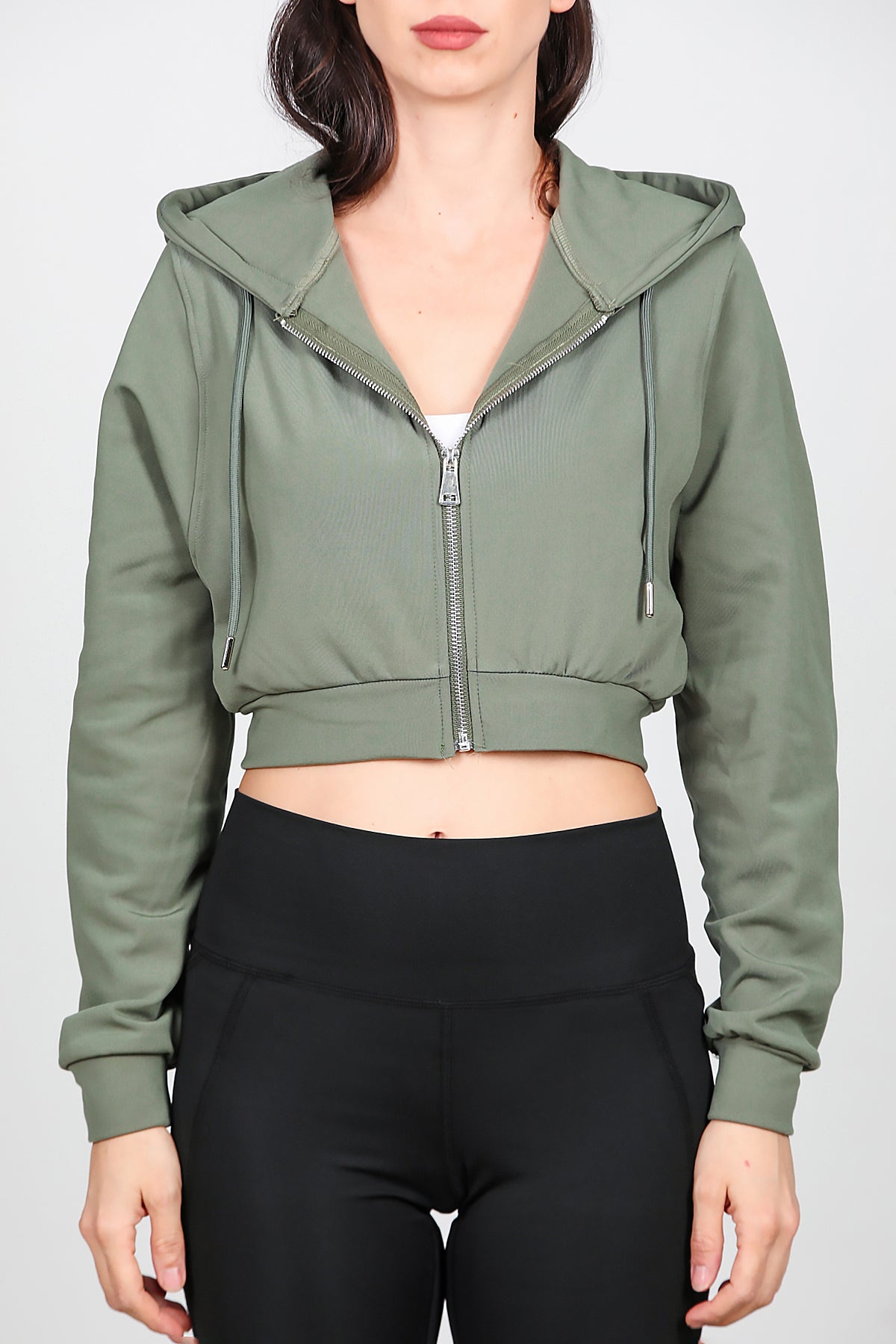 Kadın Kapşonlu Crop Sweat Haki