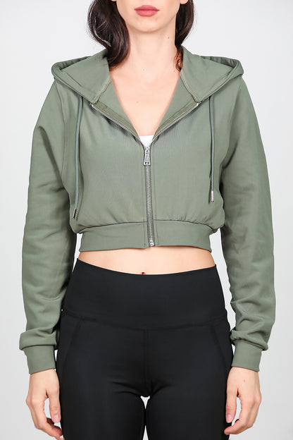 Kadın Kapşonlu Crop Sweat Haki