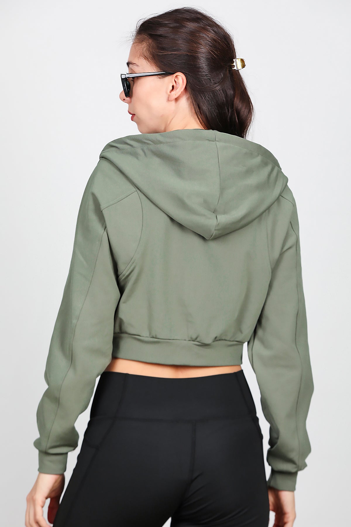 Kadın Kapşonlu Crop Sweat Haki