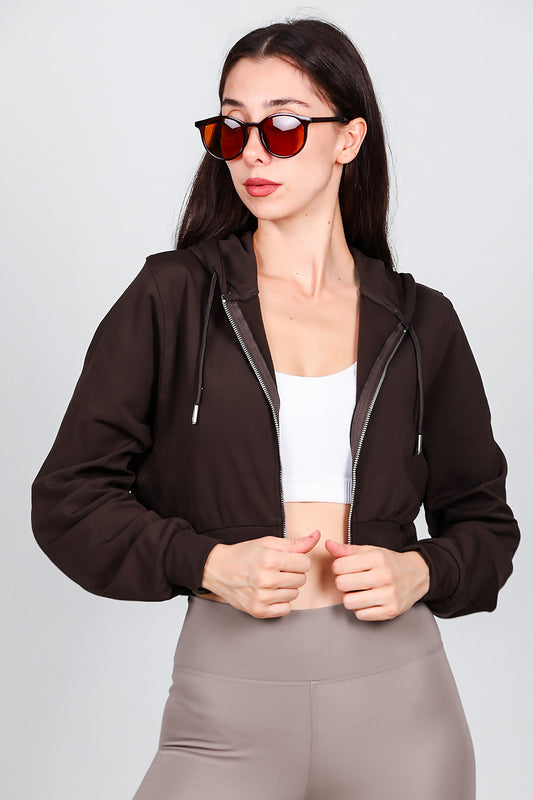 Kadın Kapşonlu Crop Sweat Kahverengi