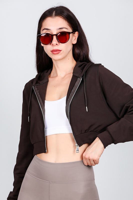 Kadın Kapşonlu Crop Sweat Kahverengi