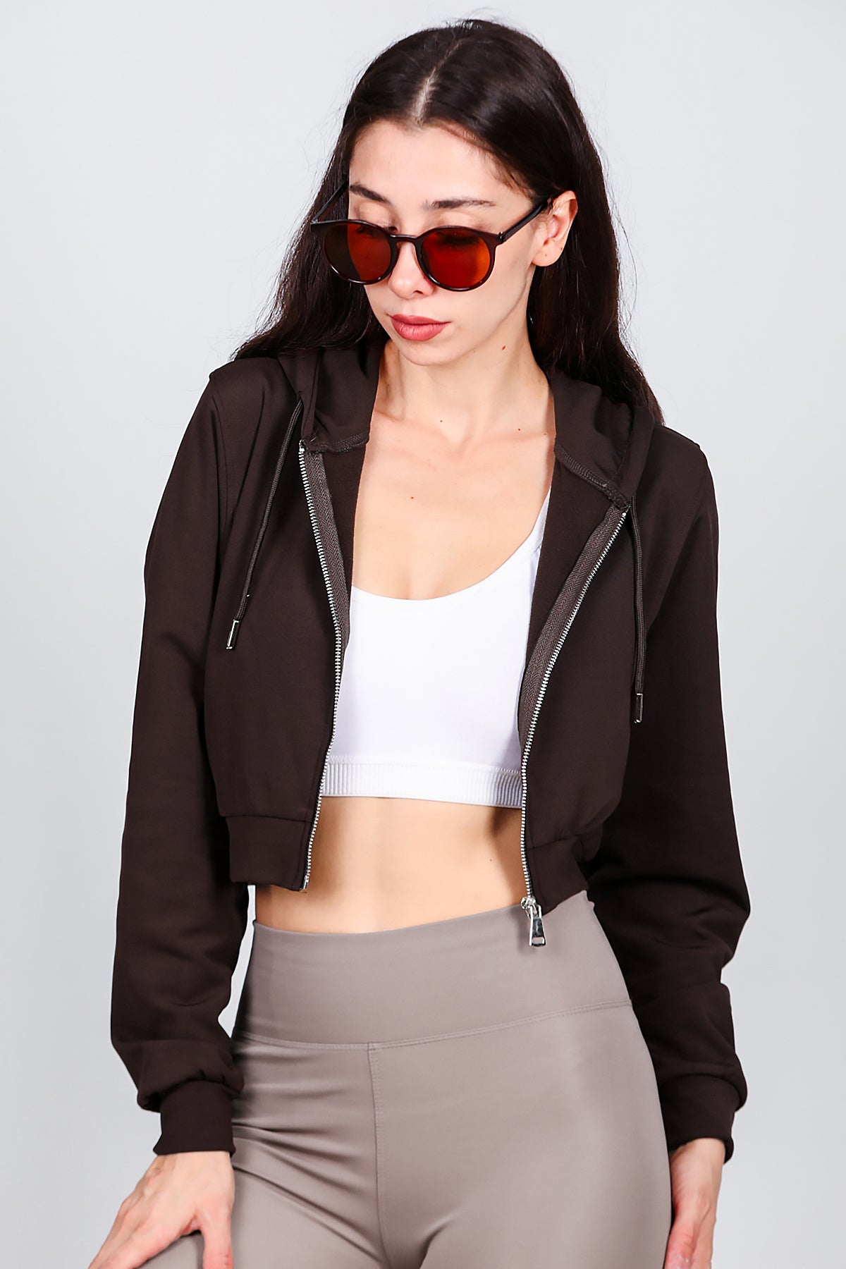 Kadın Kapşonlu Crop Sweat Kahverengi
