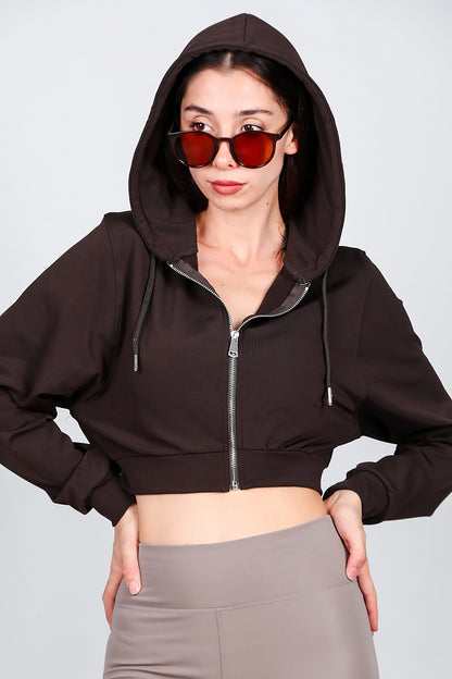Kadın Kapşonlu Crop Sweat Kahverengi