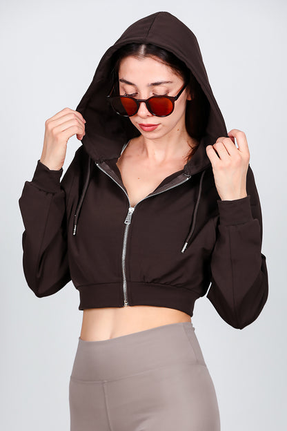 Kadın Kapşonlu Crop Sweat Kahverengi