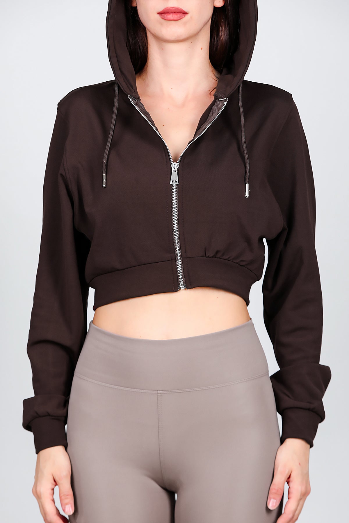 Kadın Kapşonlu Crop Sweat Kahverengi