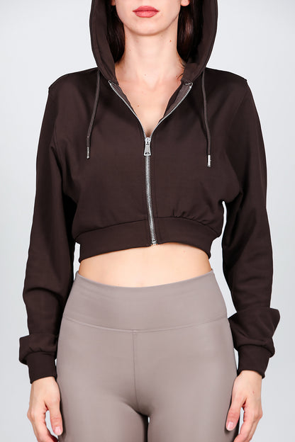 Kadın Kapşonlu Crop Sweat Kahverengi
