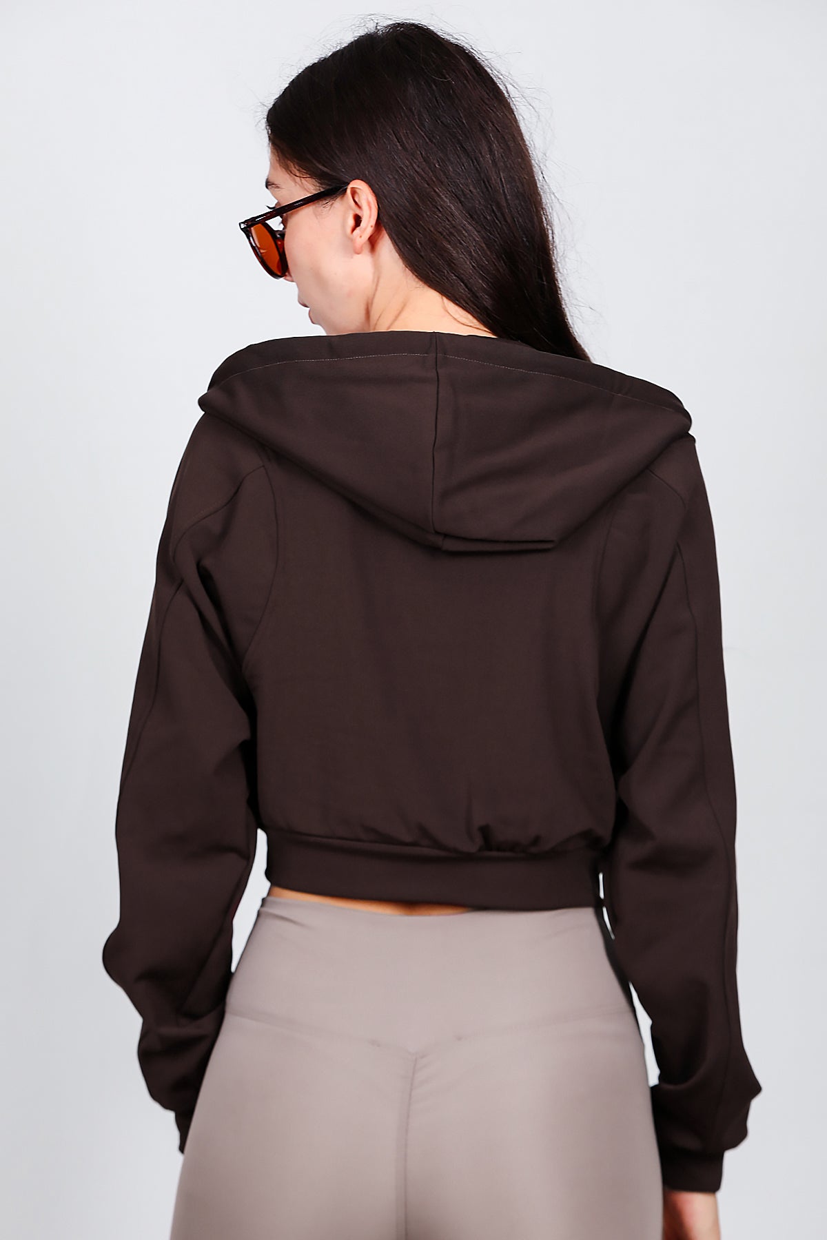 Kadın Kapşonlu Crop Sweat Kahverengi