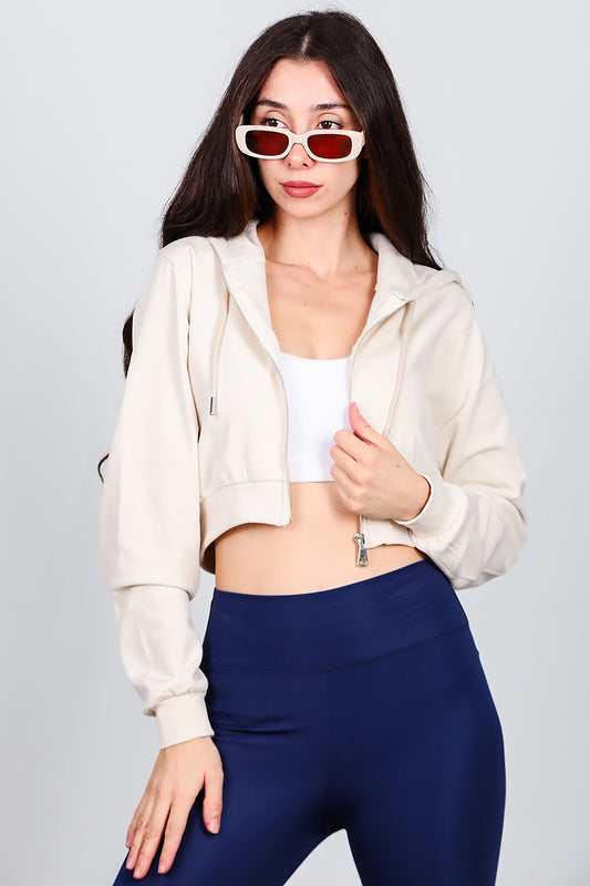 Kadın Kapşonlu Crop Sweat Krem