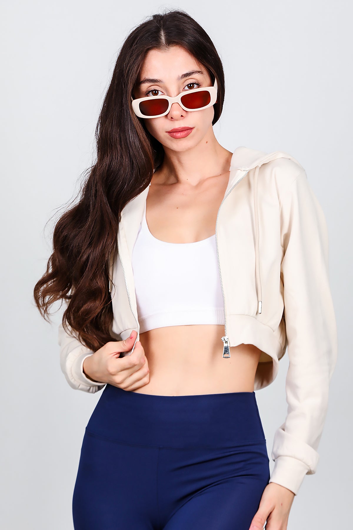 Kadın Kapşonlu Crop Sweat Krem