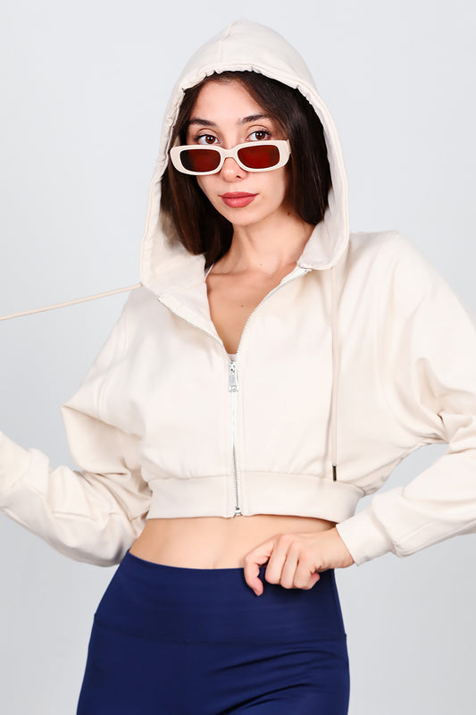 Kadın Kapşonlu Crop Sweat Krem