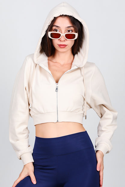 Kadın Kapşonlu Crop Sweat Krem