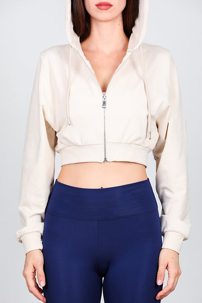 Kadın Kapşonlu Crop Sweat Krem