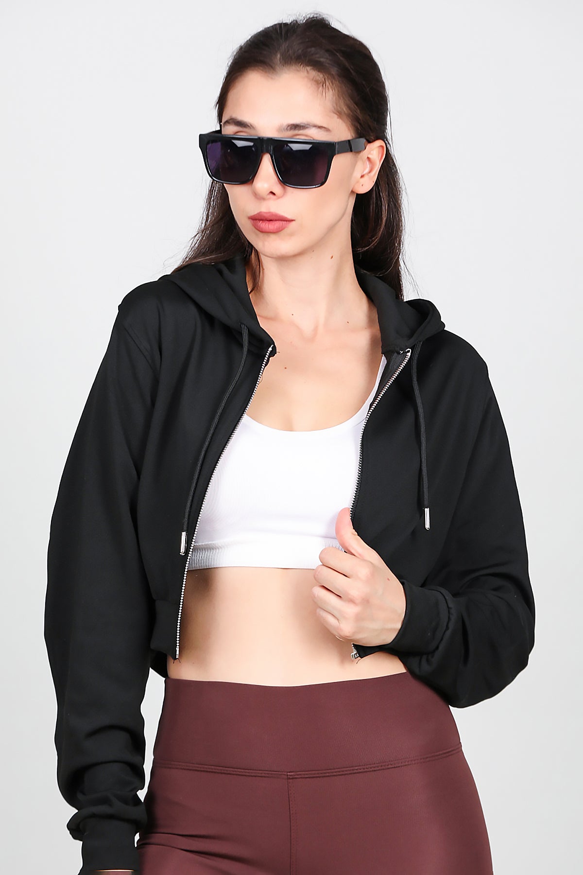 Kadın Kapşonlu Crop Sweat Siyah