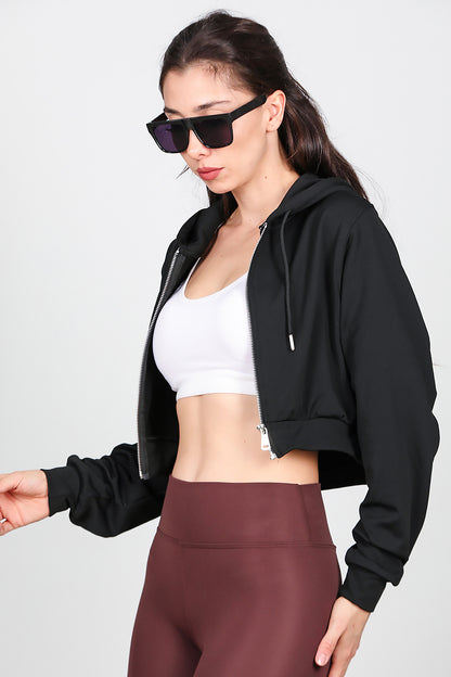 Kadın Kapşonlu Crop Sweat Siyah