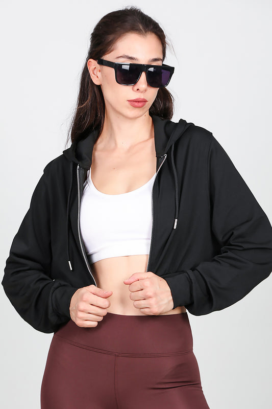 Kadın Kapşonlu Crop Sweat Siyah