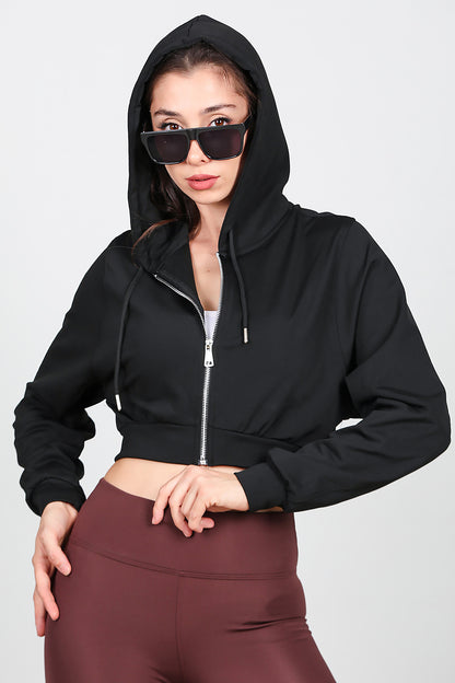 Kadın Kapşonlu Crop Sweat Siyah