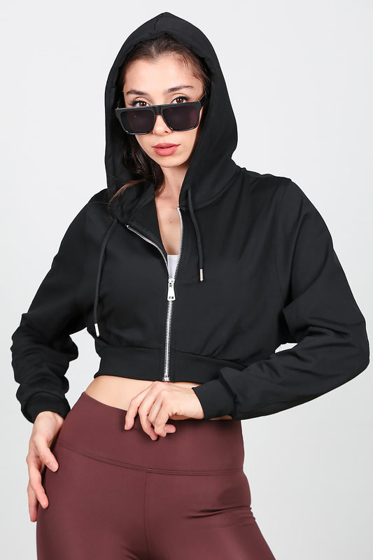 Kadın Kapşonlu Crop Sweat Siyah