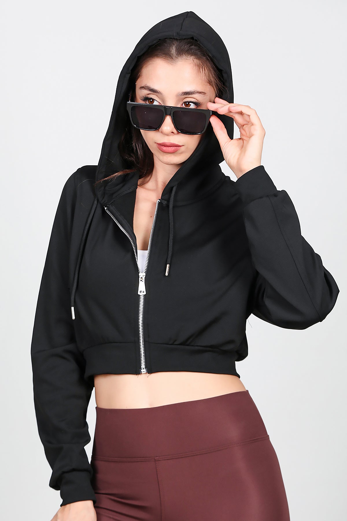 Kadın Kapşonlu Crop Sweat Siyah