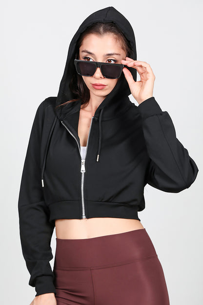 Kadın Kapşonlu Crop Sweat Siyah