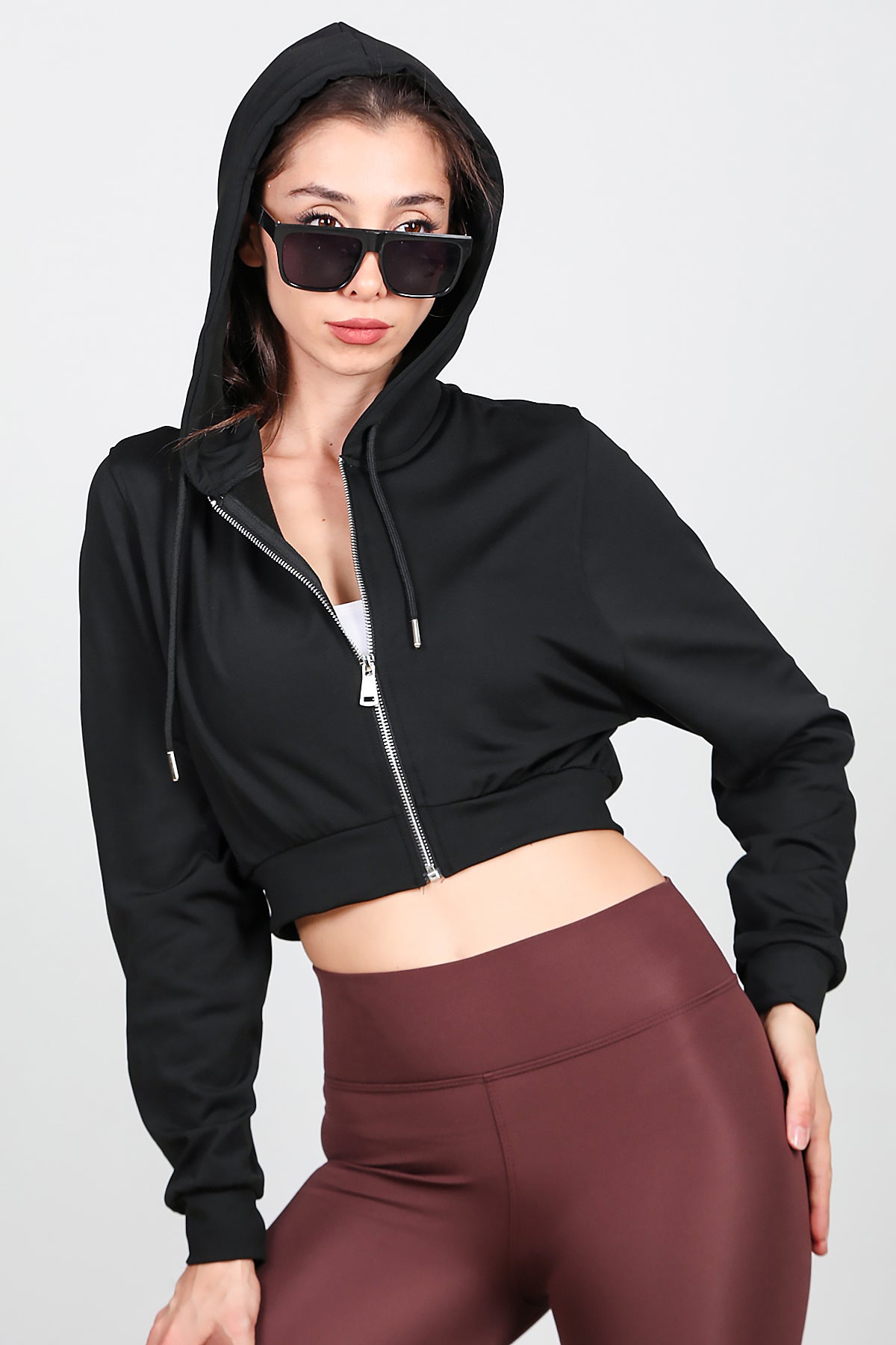 Kadın Kapşonlu Crop Sweat Siyah