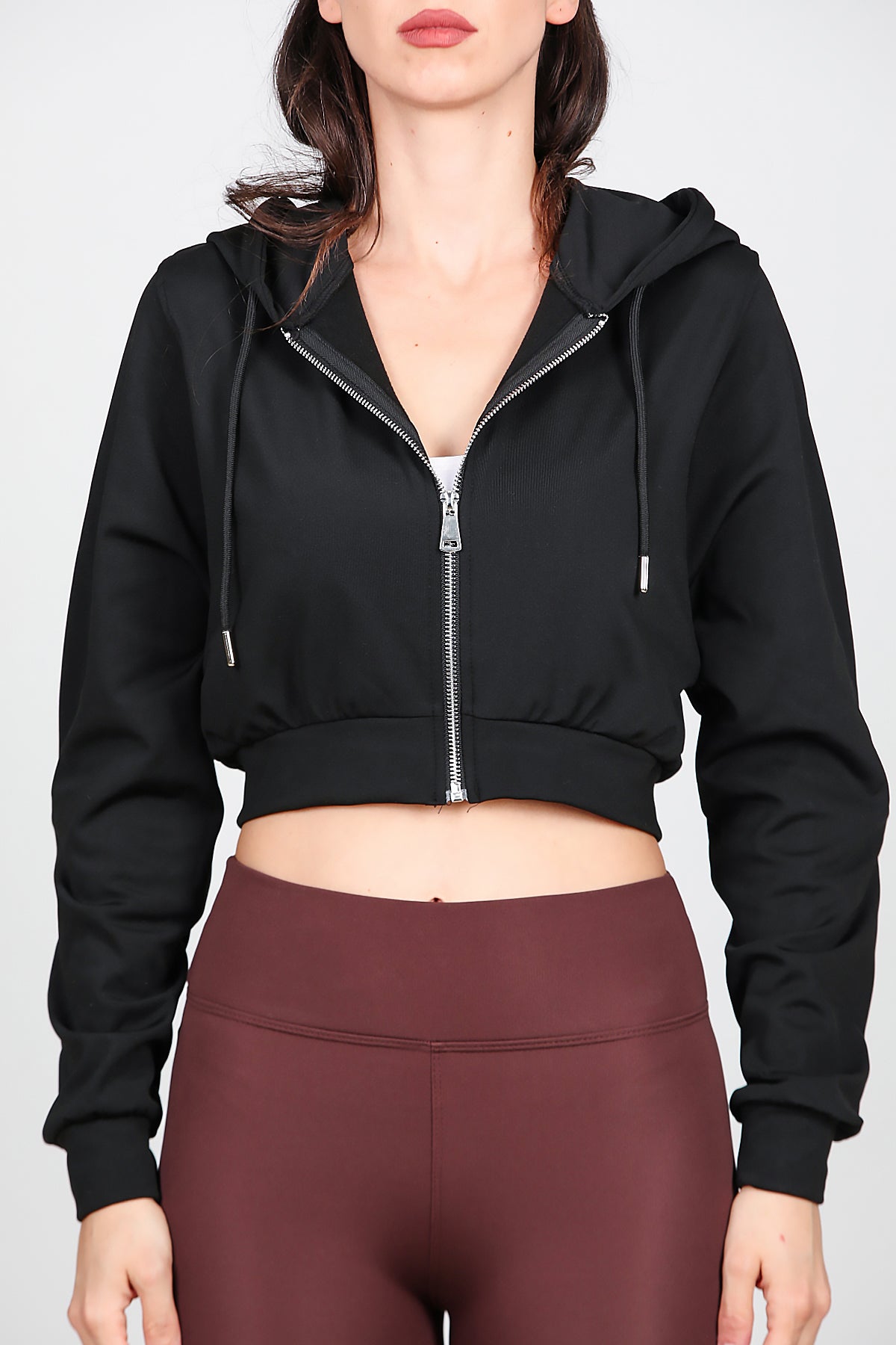 Kadın Kapşonlu Crop Sweat Siyah