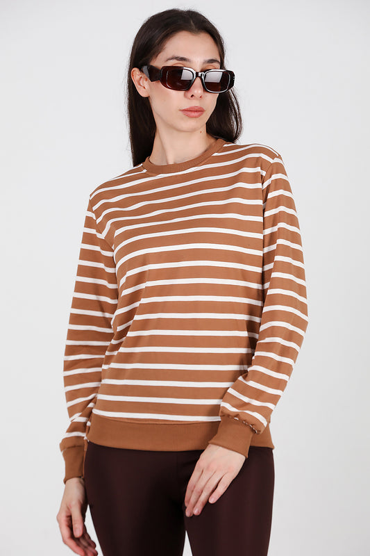 Kadın Çizgili Bisiklet Yaka Sweat Bej