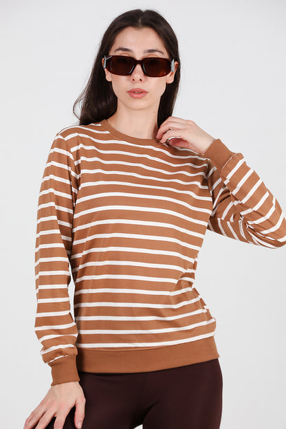 Kadın Çizgili Bisiklet Yaka Sweat Bej