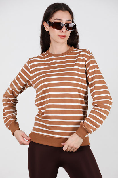 Kadın Çizgili Bisiklet Yaka Sweat Bej