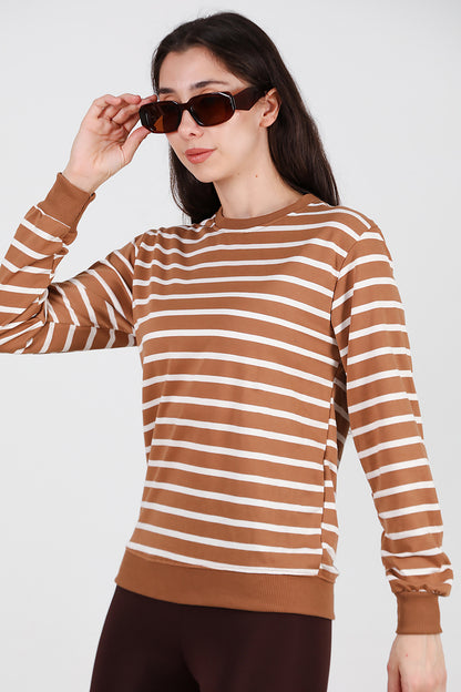 Kadın Çizgili Bisiklet Yaka Sweat Bej