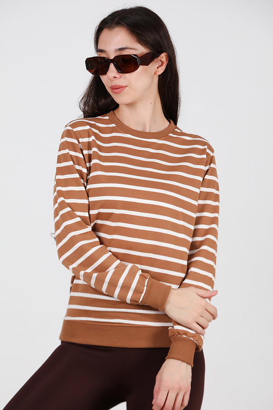 Kadın Çizgili Bisiklet Yaka Sweat Bej