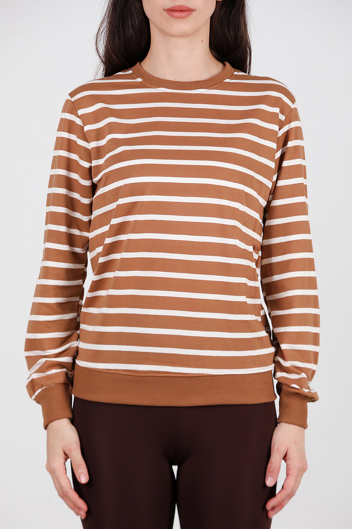 Kadın Çizgili Bisiklet Yaka Sweat Bej