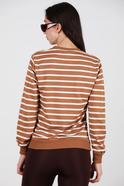 Kadın Çizgili Bisiklet Yaka Sweat Bej