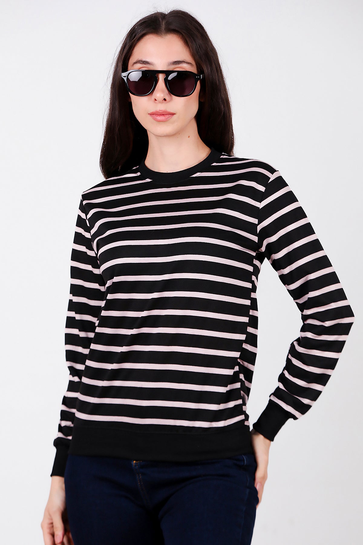 Kadın Çizgili Bisiklet Yaka Sweat Black