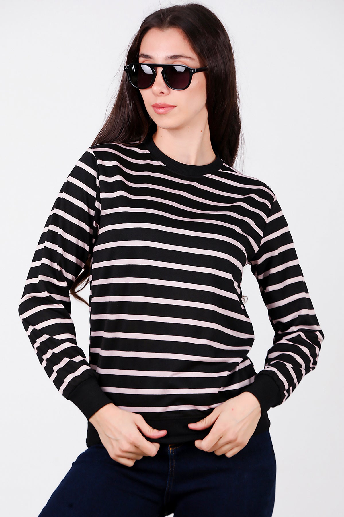 Kadın Çizgili Bisiklet Yaka Sweat Black