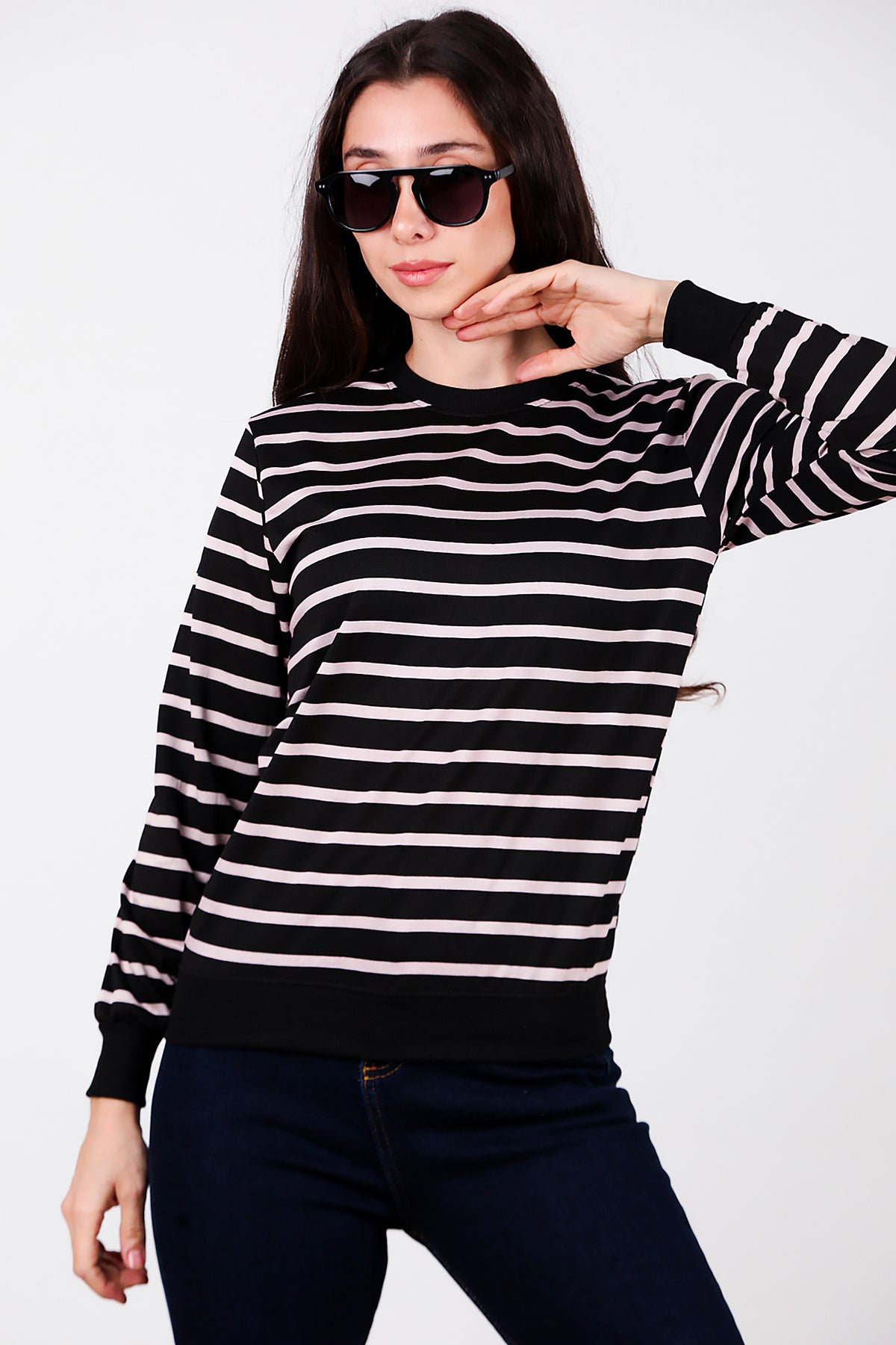 Kadın Çizgili Bisiklet Yaka Sweat Black