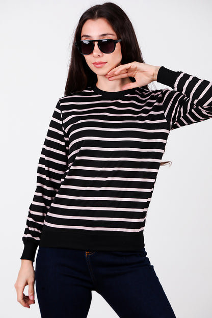 Kadın Çizgili Bisiklet Yaka Sweat Black