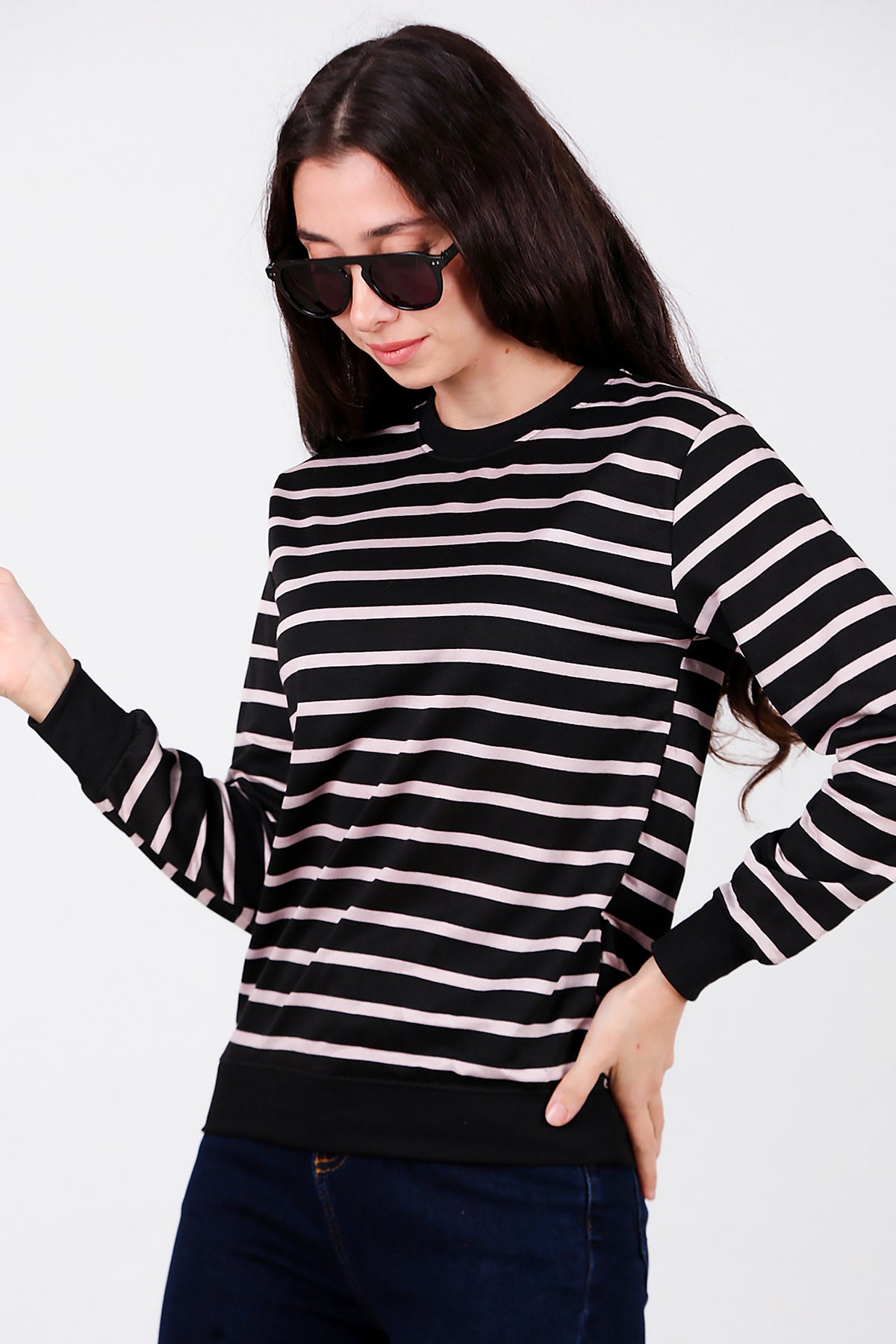 Kadın Çizgili Bisiklet Yaka Sweat Black