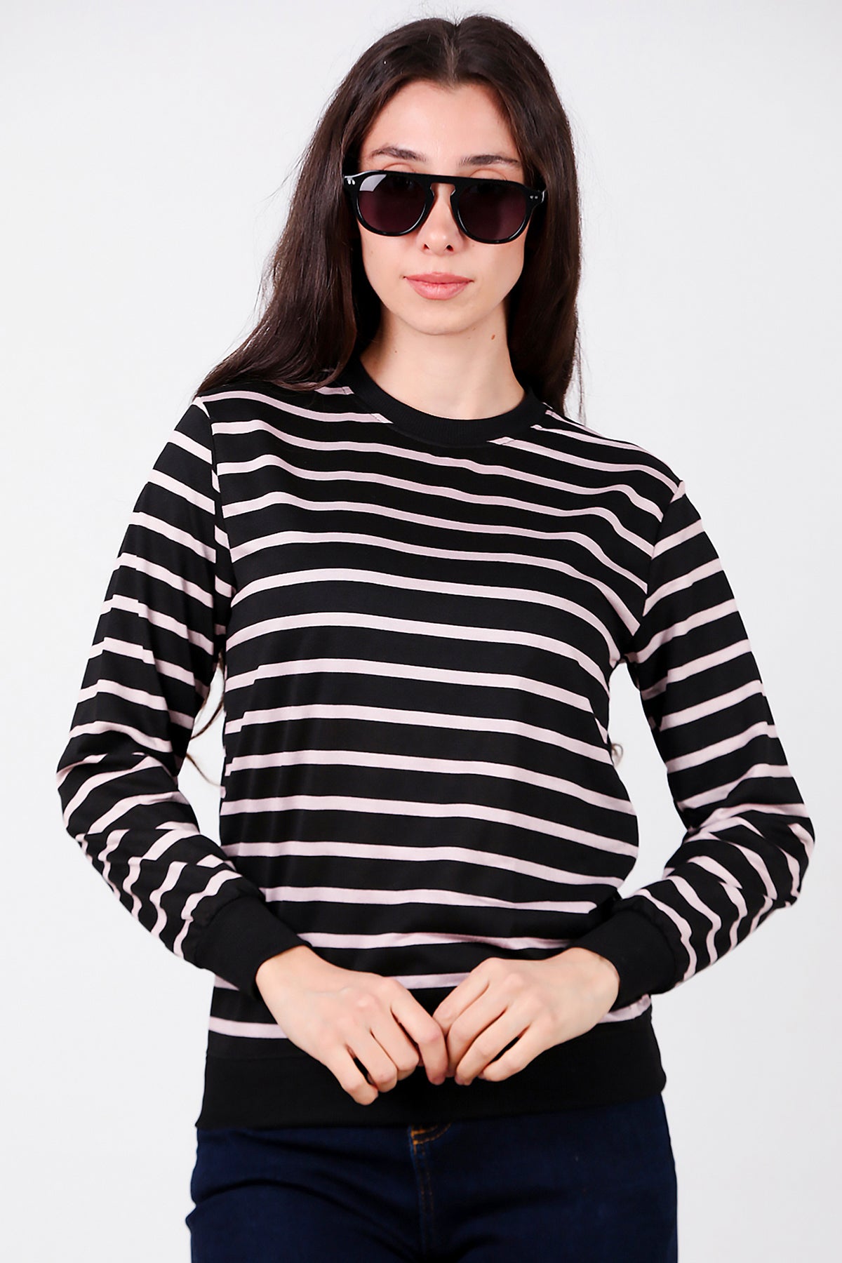 Kadın Çizgili Bisiklet Yaka Sweat Black