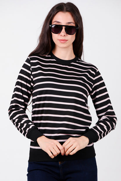 Kadın Çizgili Bisiklet Yaka Sweat Black