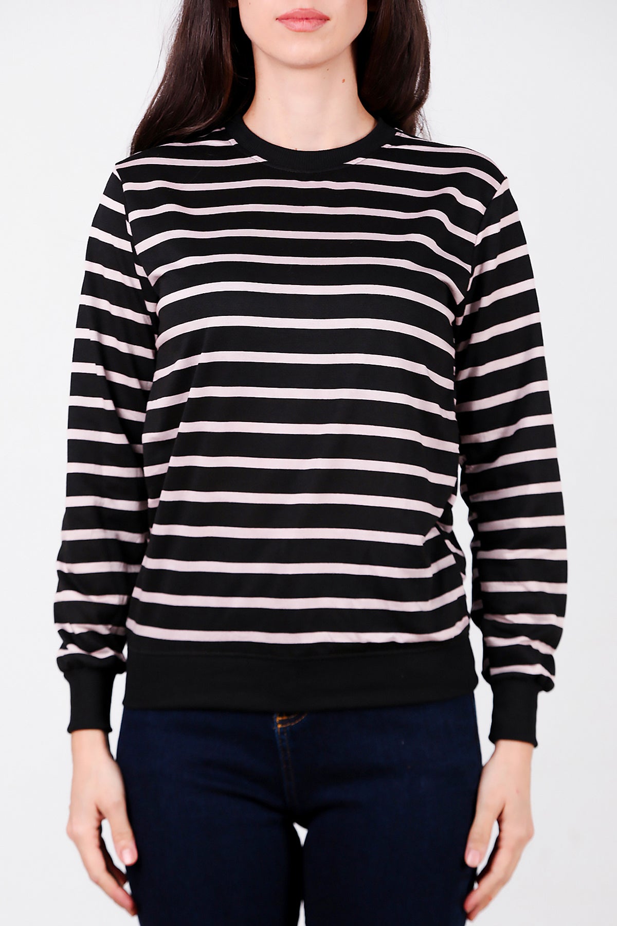 Kadın Çizgili Bisiklet Yaka Sweat Black