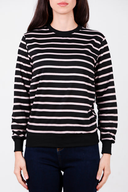 Kadın Çizgili Bisiklet Yaka Sweat Black