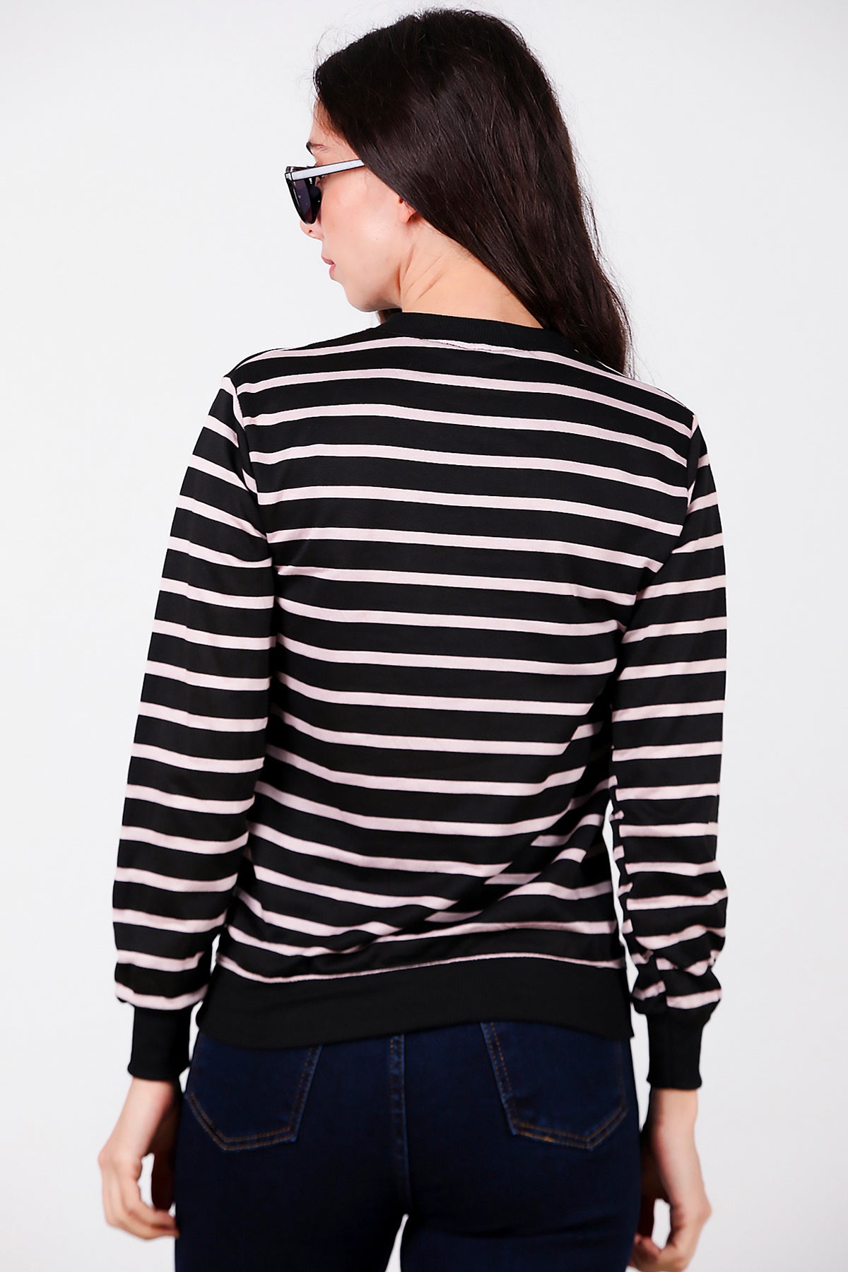 Kadın Çizgili Bisiklet Yaka Sweat Black