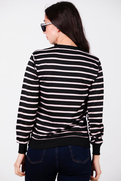 Kadın Çizgili Bisiklet Yaka Sweat Black