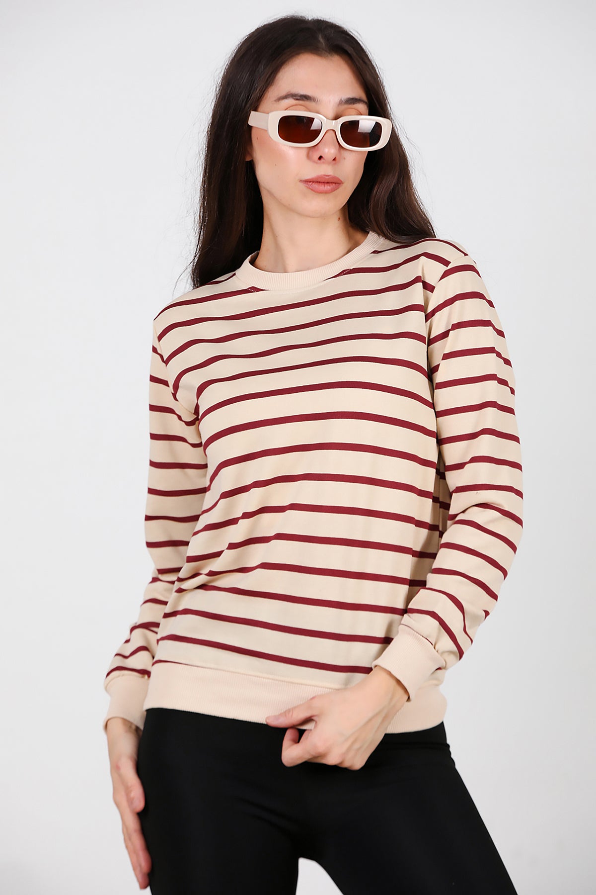 Kadın Çizgili Bisiklet Yaka Sweat Bordo